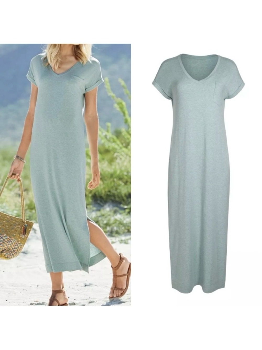 Peruvian Connection Malibu Cotton Modal Jersey Knit Maxi T-Shirt Dress: Seafoam